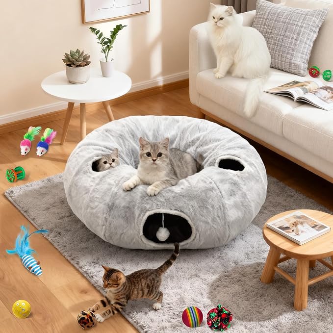 4-Holes Cat Tunnels for Indoor Cats, Plush Donut Cat Bed Tunnel Grey | Large Cat Bed Cave, 11 Cat Toys Gift, Very Soft and Lightweight, Cat Cave Hideout, fits Multiple Cats, Kitten, Puppy, Rabbit - Image 7