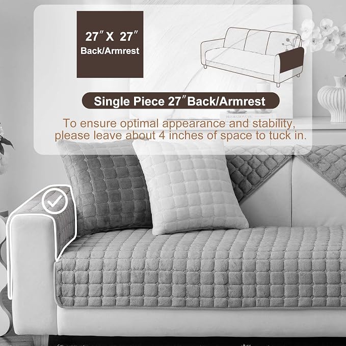 Velvet Washable Couch Cover for Pets Dogs, Non Slip Sectional Sofa Covers for 3 Cushion Couch Sofa L Sharped Sofa Slipcovers, Furniture Protector (1 PCS 27"x27",Dakr Grey) - Image 2