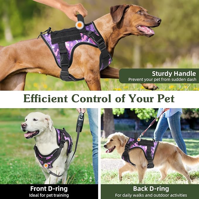 VavoPaw Heavy Duty Tactical Dog Harness for Medium Dogs, No Pull Adjustable | Pet Harness Reflective Service Training Easy Control Pet Vest Military K9 Working Dog Harnesses（Purple Camouflage, M） - Image 5