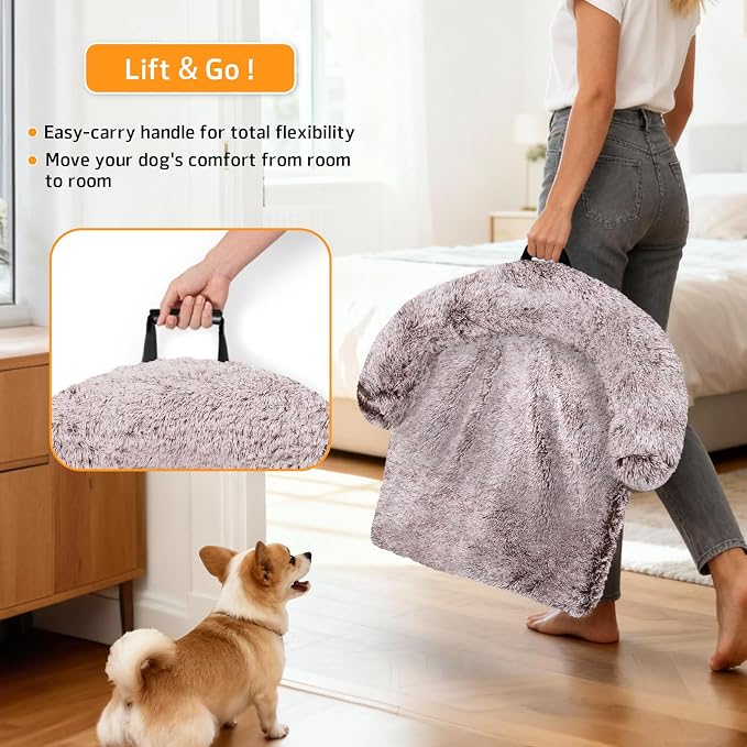 GGIB Calming Dog Bed Fluffy Plush Dog Mat for Furniture Protector with Removable Washable Cover for Large Medium Small Dogs and Cats (Medium, Rust White) - Image 3
