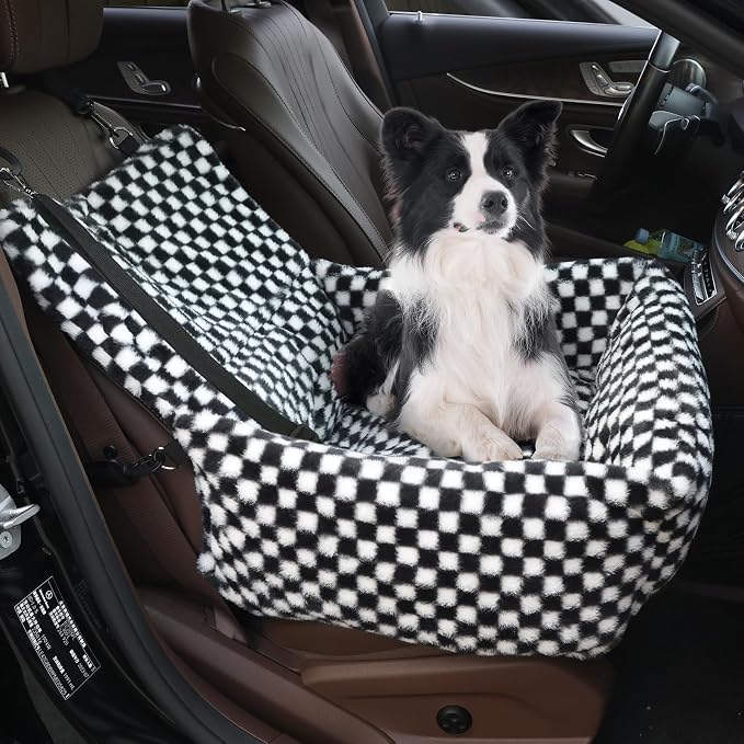 Dog Car Seat for Small Dogs,Medium Dog Car Bed with Detachable Washable Cover,Pet Puppy Booster Cars Seats with Safety Belt Up to 30 lbs(Grid Black) by RUONARIER