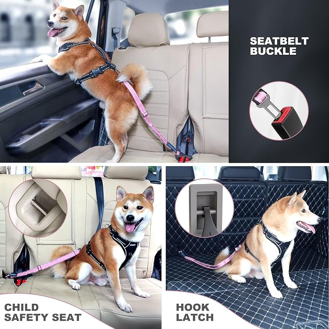 IOKHEIRA Dog Seat Belt 3-in-1 Car Harness for Pets Adjustable Safety Seatbelt Nylon Reflective Bungee Fabric Dog Car Harness with Clip Hook Latch & Buckle, Swivel Zinc Alloy Carabiner (Pink) - Image 6