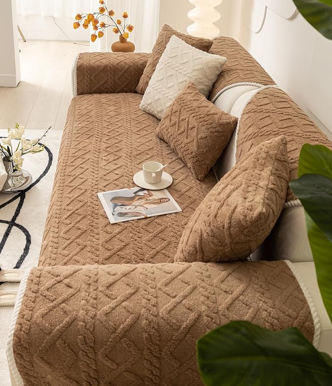 vctops Geometric Jacquard Plush Sofa Couch Covers Farmhouse Neutral Non Slip Sectional Couch Cover Soft Warm Sofa Slipcover for Dogs, Children, Pets Furniture Protector (Coffee,28"x28") - Image 5