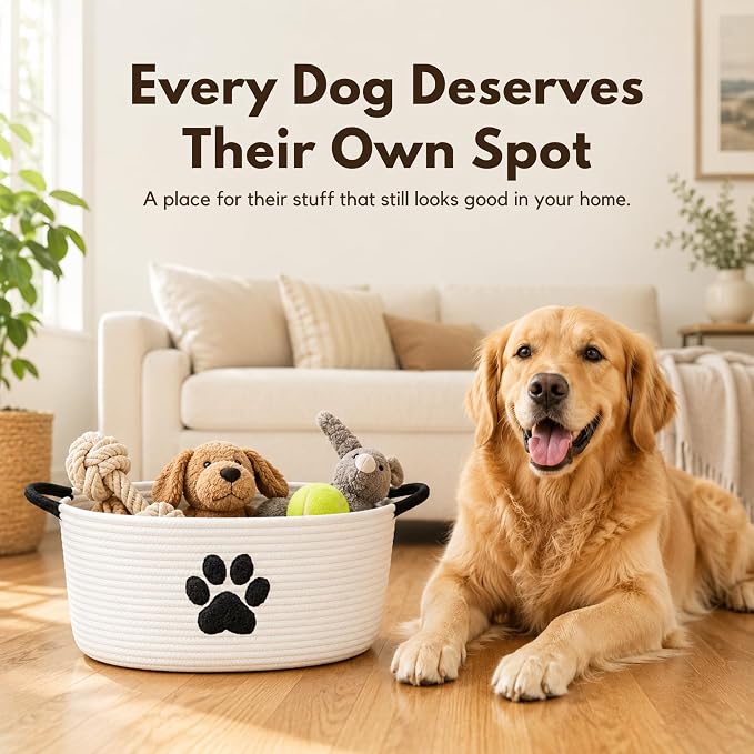 Dog Toy Basket with Handles, Cotton Rope Storage Bin Organizer for Pets | Holds toys, blankets, leashes & dog stuff. Spot clean, collapsible, free-standing woven bin with embroidered paw. - Image 2