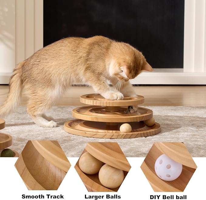 ZOMISIA Cat Ball Track Toy with Puzzle Top, Extra Large Wooden Cat Toys | Interactive Indoor Cats Spinning Balls, Cat Ball Tower for Kitten Exercise Mental Stimulation Self Play Home Enrichment - Image 4
