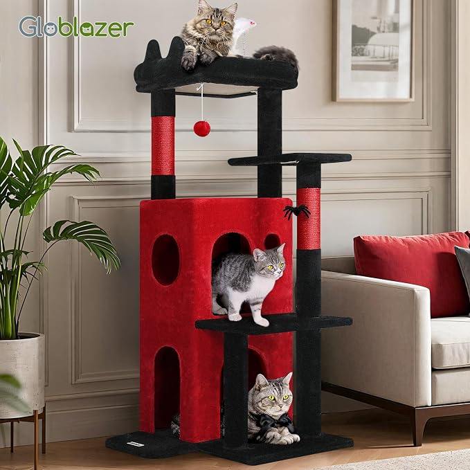 Globlazer Gothic Cat Tree Tower for Indoor Cats, 50-inch Goth Adult Cat Tree House for Large Adult Cats with Steps, Scratching Post, 2 Cat Caves, Dangling Toys, FC50, Blood-Goth - Image 7