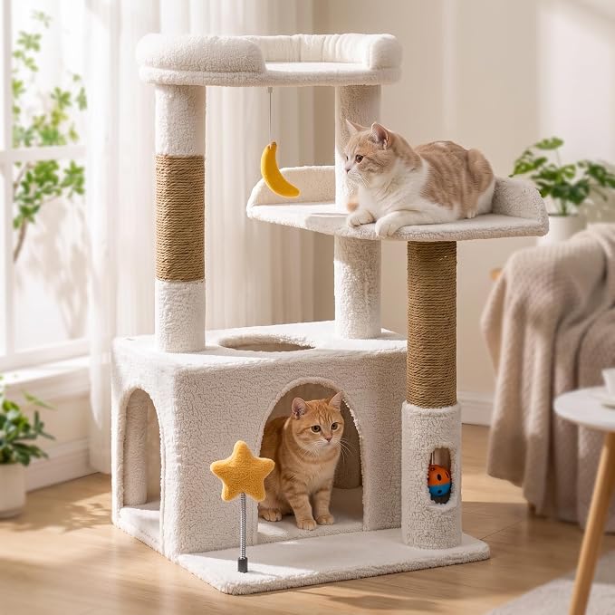 30" Kitten Cat Tower, Compact Beige Cat Tree with Condo & Perch | Plush Finish, Cozy Condo, Soft Top Perch, Sisal Scratching Post, Dangling Ball Toy, Anti-Tip Base, for Cats up to 15 lbs by Purrlato