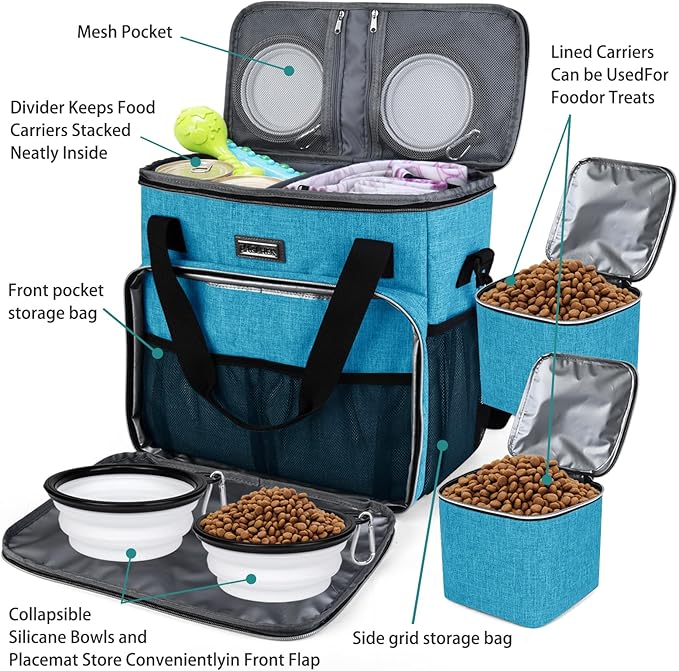 BAGLHER Dog Travel Bag, Pet Travel Bag (ALL Pet Travel Supplies), With 2 Pet Food Containers and 2 Collapsible Silicone Bowls; Essential Kits for Pet Travel Sky Blue - Image 5