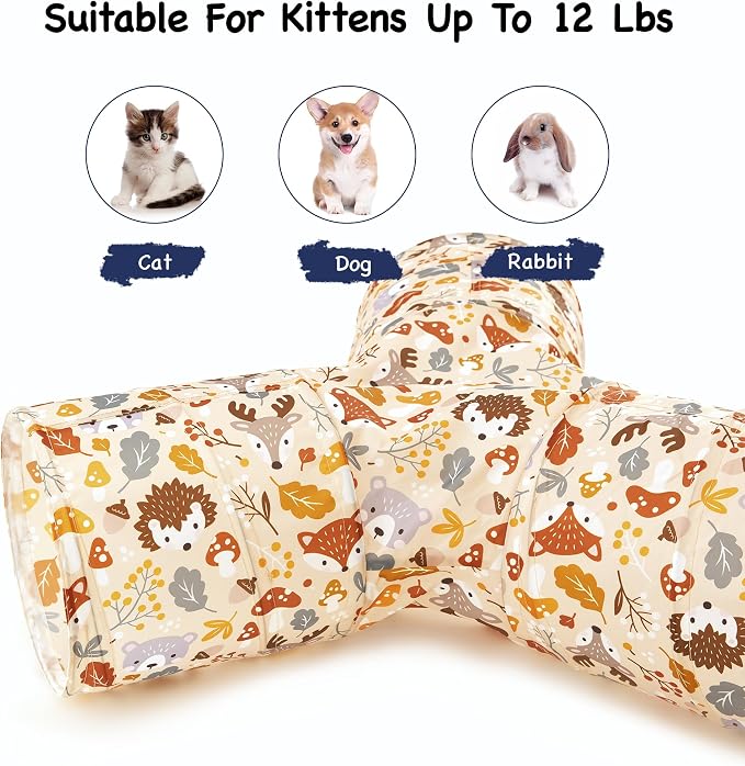 Tempcore Cat Tunnel for Indoor Cats, 3 Way Collapsible Pet Play Tunnel with Teaser Wand, Peek Holes & Hanging Ball, Interactive Tube for Kittens & Rabbits, Beige Deer - Image 6