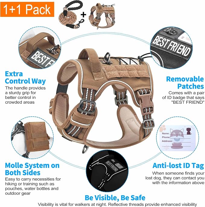 Beebiepet Heavy Duty Tactical Dog Harness for Small Dogs, No Pull Adjustable Pet Harness Reflective Service Training Easy Control Pet Vest Military K9 Working Dog Harnesses- Large, Brown - Image 4