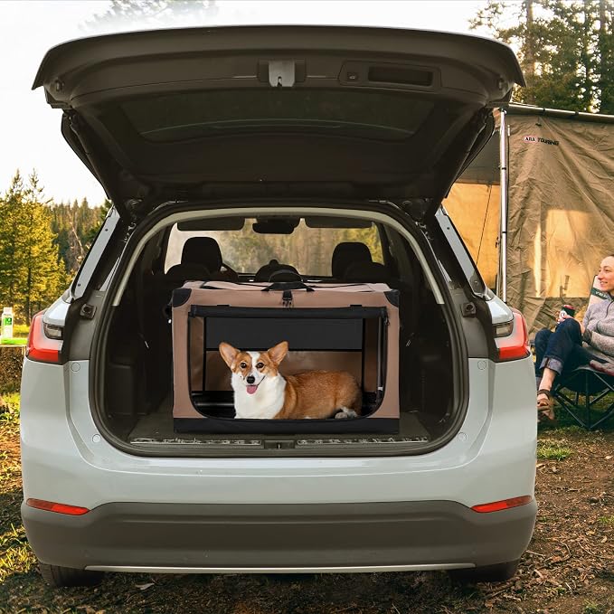 PETSFIT 30" Soft Portable Dog Crate – Patented Spiral Sturdy Frame, Collapsible Travel Kennel for Medium & Large Dogs, 3 Mesh Door, Lockable Zippers, Indoor & Car Use Khaki - Image 9