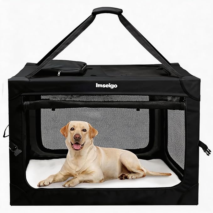 Collapsible Dog Crate, Portable Soft Dog Crate with Fleece Bed for Medium Dog, Folding Travel Carrier Kennel with 3-Door Mesh Windows for Indoor &Outdoor by IMSEIGO