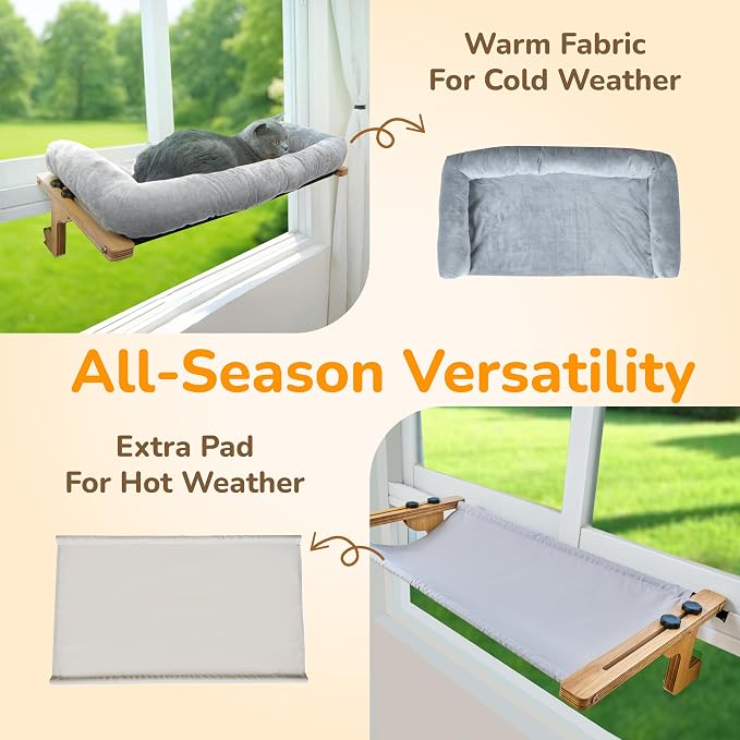 [Ready to Gift] PURRHOUSE Cat Window Perch with Cushion Bolster and Cool Pad, Cat Hammocks for Windows with Wood & Robust Metal Frame for Large Cats, Beds for Windowsill, Bedside and Cabinet,24''W - Image 6