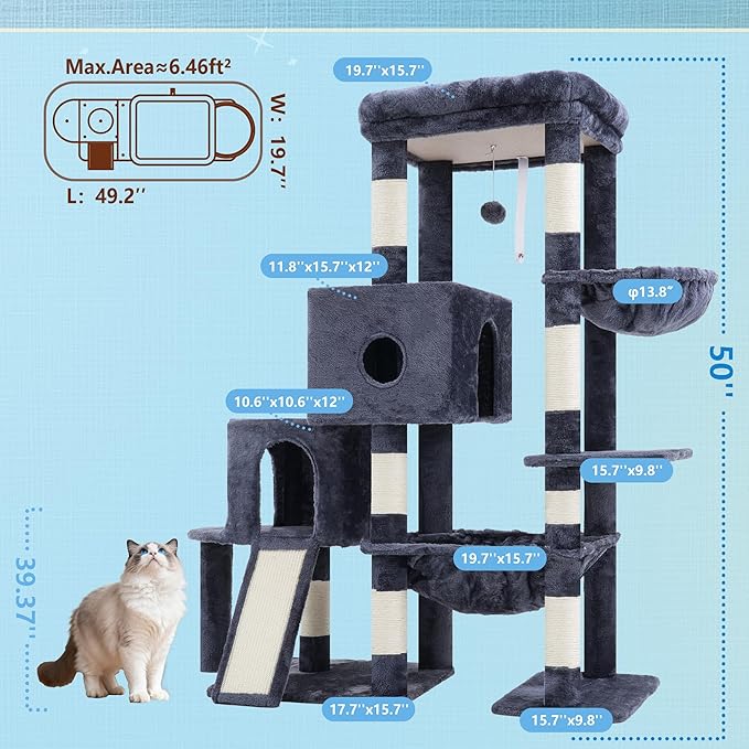 Hey-brother Cat Tree Tower with Plush Steped Condos, Big Platform, MPJ071G | 50 Inches Tiered Climbing Cat House with Sisal Scratching Posts, Spacious Hammock, Cozy Basket for Indoor Cats, Smoky Gray - Image 2