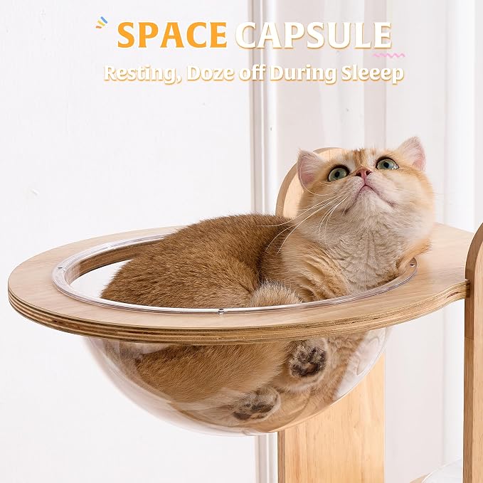 Solid Wood Cat Tree Tower with Scratching Post, 64 Inches Tall Cat Towers with Scratching Board, Modern Cat Tower with Space Capsule and Removable Top Bed for Indoor Cats - Image 5