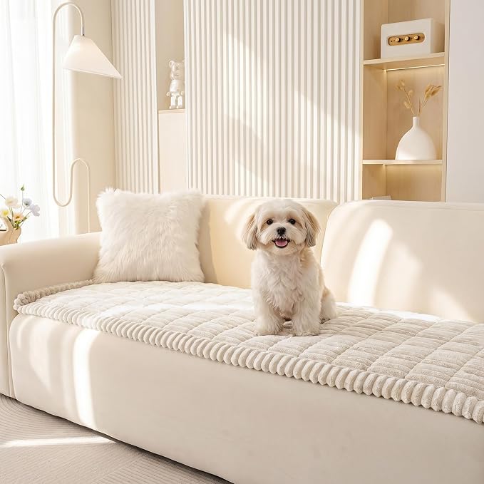MEETSKY Cream Couch Covers for 3 Cushion Sofa, Plush Couch Cover for Dogs | Washable Couch Protector for Leather & Fabric Couches, Dog Mat for Couches Against Fur, Dirt, Pet Friendly, 27.6" x 82.7" by MEETSKY