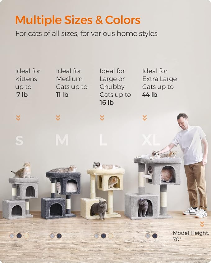 Feandrea Cat Tree, 29.1-Inch Cat Tower, Plush Condo for Medium Cats up to 11 lb, Large Perch, 2 Caves, Scratching Post, Smoky Gray UPCT612G01 - Image 7
