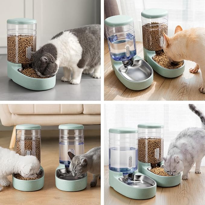 Automatic Cat Feeder and Water Dispenser with Stainless Steel Bowl Gravity Food Feeder and Waterer Set for Small Medium Dog Puppy Kitten 1 Gallon x 2(Green) - Image 7