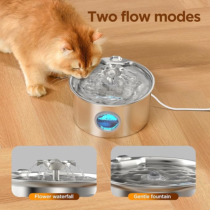 Stainless Steel Cat Water Fountain: 88oz/2.6L Pet Fountain for Drinking | Water Fountain for Cats Inside with Flower Quiet Cat Dispenser Kitty Drinking Fountain Indoor - Gifts for Pets, Small Animals - Image 3
