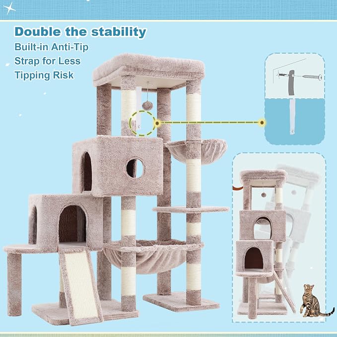 Hey-brother Cat Tree Tower with Plush Steped Condos, Big Platform, MPJ071MU | 50 Inches Tiered Climbing Cat House with Sisal Scratching Posts, Spacious Hammock, Cozy Basket for Indoor Cats, Muchroom - Image 7