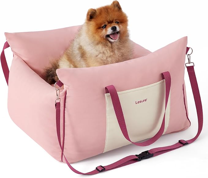 Lesure Dog Car Seat for Small Dogs,Booster Car Bed for Puppy Under 25lbs | Soft Pet Carseat with Clip-On Safety Leash and Thickened Memory Foam Filling,Dog Travel Carrier Bed with Storage Pocket,Pink - Image 9