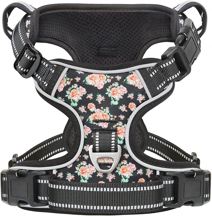 Timos Dog Harness Medium Sized, Quick Release 3 Buckles, Black Rose, M | Reflective No Pull No Choke, Easy On & Off, Adjustable Soft Padded, Front & Back 2 Clips and Control Handle for Walking by Timos