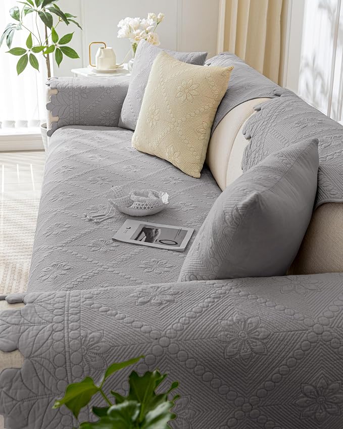 Cotton Quilted Dog Couch Cover for Sofa Farmhouse Rustic Embroidery Sectional Couch Cover Soft Anti-Slip Sofa Slipcover Furniture Protector for Kids, Pets (Grey,43"x94") - Image 6