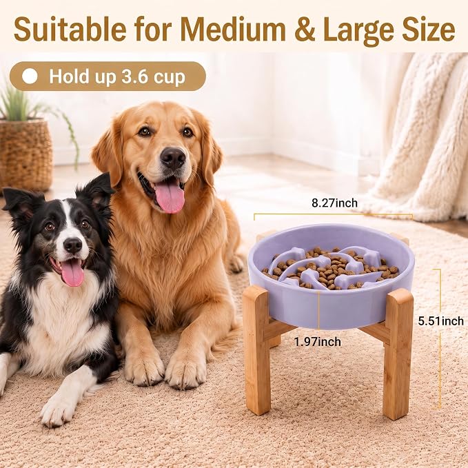 Elevated Ceramic Slow Feeder Dog Bowls Anti-Choking Slow Feeding for Medium& Large Anti-Slip Non-Lead & Toxic Durable Easy to Clean Maze Slow Feeder Bowl（8.66in Light Purple Stars Pattern） - Image 3