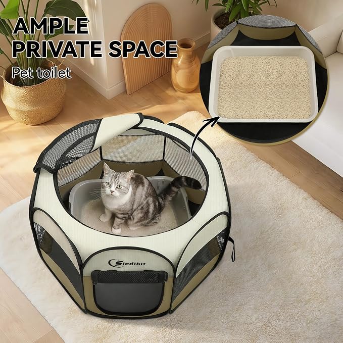 Siedihit Dog Cat Playpen, Small Puppy Pet Playpen, Dog Crate Tent Cage | Indoor/Outdoor, Portable Pop Up Dogs Kennel Playpen with Carrying Case for Dogs/Cats/Rabbits(Khaki, Small ) - Image 5