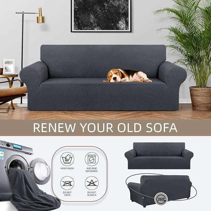 KEKUOU Stretch Couch Covers for Sofa, 3 Cushion Couch Slipcover,Charcoal | 1-Piece Washable Sofa Cover Pet Friendly(78"-94") Furniture Protector Soft Jacquard, Elastic Bottom for Dogs & Kids - Image 3