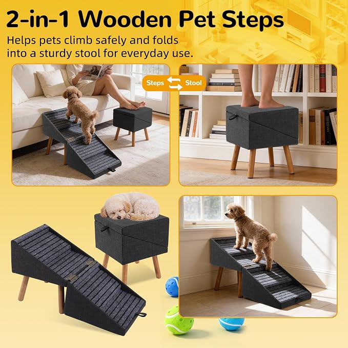 2-in-1 Foldable Dog Stairs & Ottoman, Non-Slip Pet Steps for Small Dogs | wooden dog ramp , foldable space-saving design, ideal for puppies senior & injured pets, helps dogs easily reach couch - Image 6