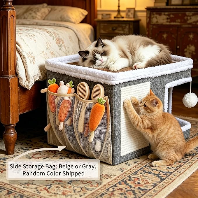 Foldable Cat Cave Bed for Indoor Cats, Cat Hideaway House with Hanging Fluffy Ball & Scratch Pad, Side with Toy Storage and Summer Cooling Mat, 16.14x16.14x12.2 Inches, Grey - Image 3