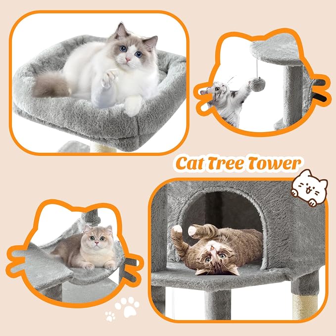 DUMOS 44 Inch Cat Tree Tower with Natural Sisal Scratching Posts | Small Cat Tree with Hammock, Pet Condo for Indoor Cats and Kittens Play, Light Grey - Image 6
