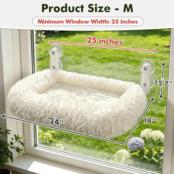 Zoratoo Foldable Cat Window Perch, Widened Cushion Cat Bed for Large Cats | M-White, Extra-Thick and Fluffy Bolster, Large Lying Space, Machine Washable, Cat Window Hammock with Sturdy Metal Frame - Image 5
