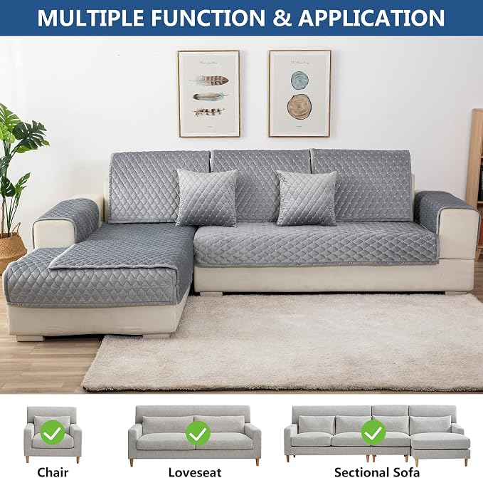 Eismodra Couch Cover,Sectional Couch Covers,Sofa Covers for 3 Cushion Couch,Anti-Slip Sofa Slipcovers for Dogs Cats Kids Loveseat Recliner L Shaped Armrest,Light Gray 43''x63''(Only 1 Piece) - Image 2
