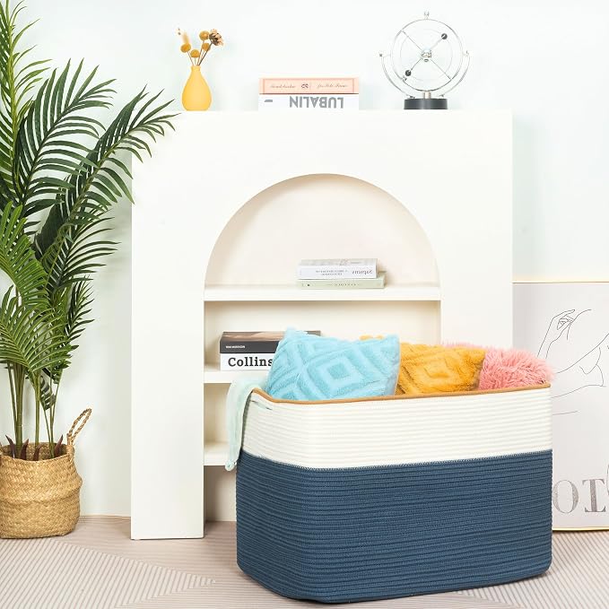 MINTWOOD Design 112L Extra Large Blanket Basket Holder Living Room, 25"x17"x16" Rectangle Rope Woven Storage Basket with Handles for Laundry, Towels, Shoes, Dog Toy Organizer Bin Box, Prussian Blue - Image 6