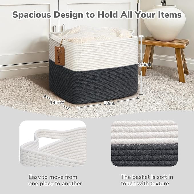 Goodpick 50L Large Woven Rope Storage Basket, Rectangle, Dark Gray | 18" × 14" × 12" Decorative Gift Basket for Living Room & Nursery Organization, Fits Blanket & Toy Storage, Writable Label - Image 3