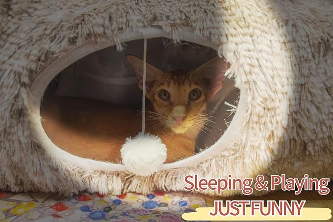 XxingSheep Extra Large Cat Tunnel Bed Plush Cat Cave for Indoor Cats | Cozy tunnel design can also work as a festive cat tree skirt to help keep cats away from Christmas decorations Yellow-Brown - Image 4