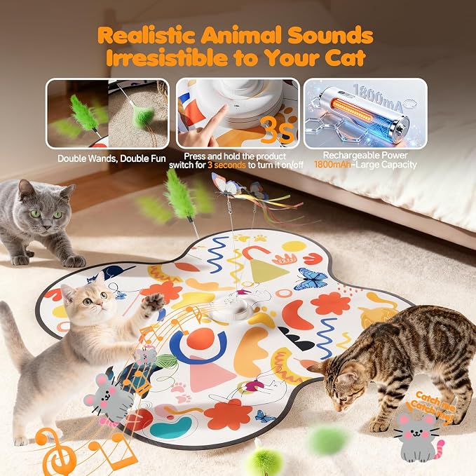Aktor Interactive Cat Toy for Indoor Cats - Rechargeable Automatic Hide & Seek with Fluttering Butterfly, Moving Feather Wands & Realistic Prey Sounds | Motion Activated Exercise Toy for Bored Cats - Image 4