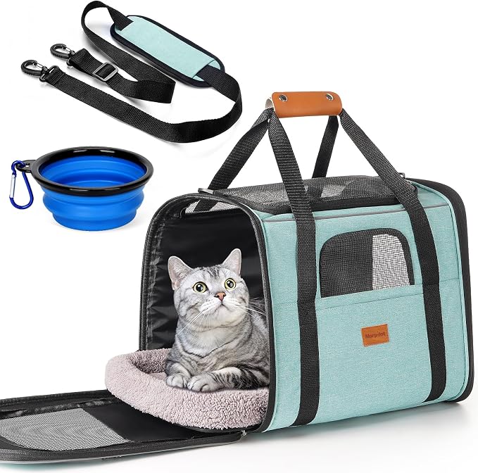 Morpilot Pet Carrier for Large Cats, Puppies & Small Dogs Up to 20lbs | Escape-Proof with Locking Zippers, Dual-Sided Cushion, Safety Buckle for Car & Vet Travel, Includes Foldable Bowl (Green) by Morpilot
