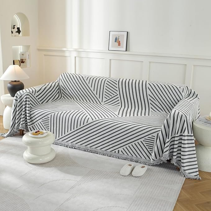 Couch Cover for Sofa, Boho Sofa Cover Washable Couch Cover for Dogs, Pet Sofa Cover for 3-Cushion Couches with Tassel Furniture Protector Cover,71" x 134",Dark Gray-Line - Image 2