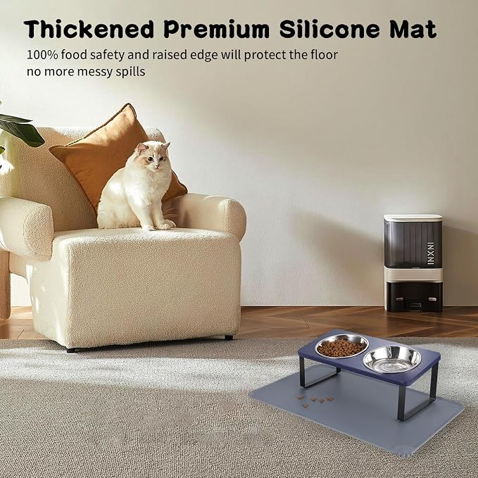 Summark Upgraded Elevated Cat Bowls with Food Mat,15°Tilted Stand Anti Vomiting Raised Cat Dishes for Food and Water,2 Stainless Steel Bowls for Cats and Puppies（Navy Blue） - Image 3