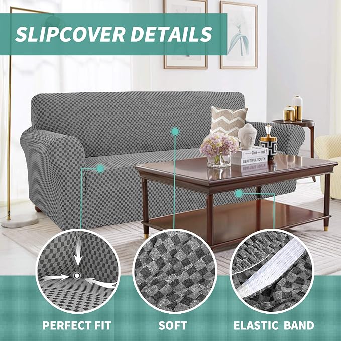YEMYHOM Couch Cover Latest Jacquard Design High Stretch Sofa Covers for 3 Cushion Couch, Pet Dog Cat Proof Slipcover Non Slip Magic Elastic Furniture Protector (Large, Dark Gray Checkered) - Image 3