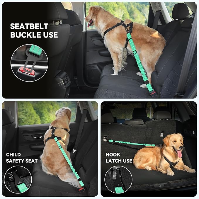 Pawaboo Dog Seat Belt Harness for Car, Seatbelt Harness with 2 in 1 Buckle | Adjustable Breathable Harness for Car, Elastic Reflective Heavy Duty Dog Tether, for Small Medium Large Pets, XXL, Blue Light - Image 4