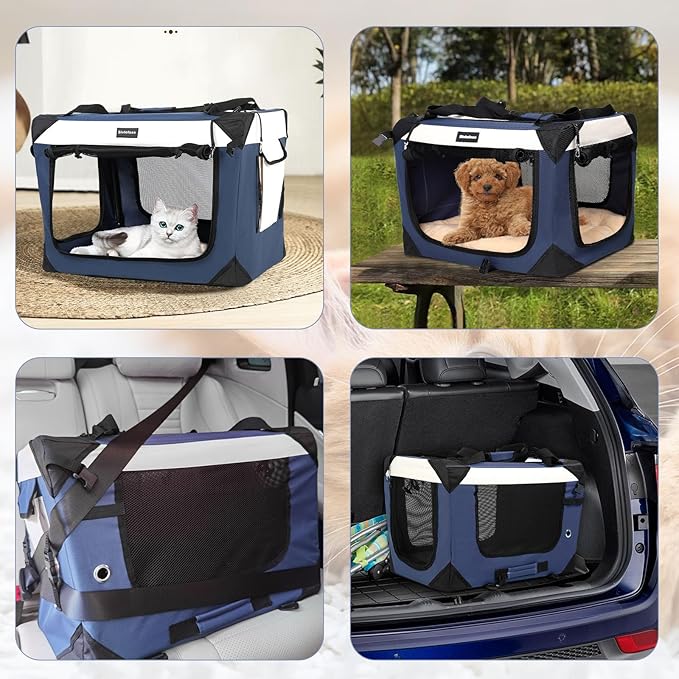 Collapsible Dog Travel Crate,Portable Soft-Sided Pet Carrier Extra Large Cat Carrier with Soft Plush Plush Mat for Indoor and Outdoor,28x20x20in,Navy Blue - Image 4