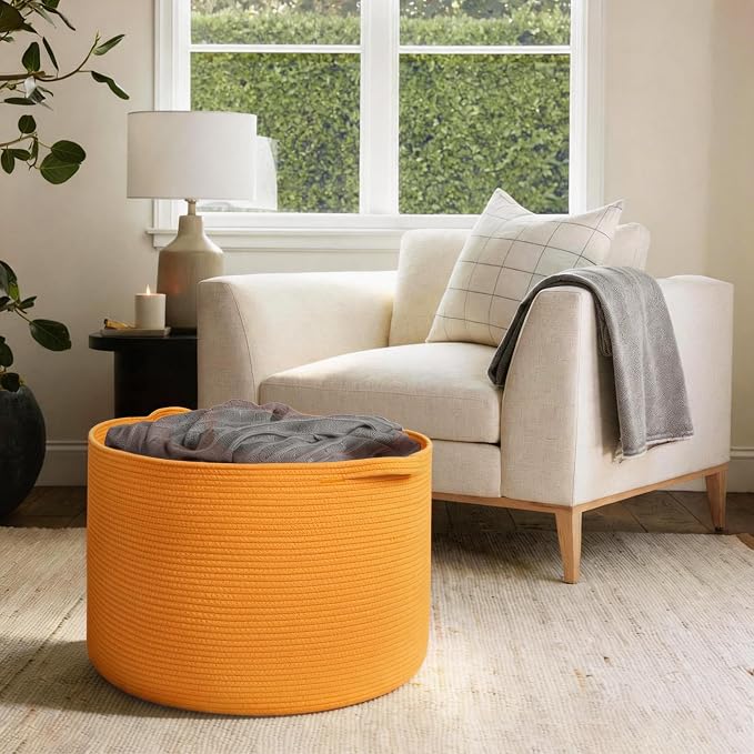 MEGASKET Extra Large 115L Orange Basket, 23.6"x15.7" Woven Cotton Rope Bins for Blankets, XXXL Baby Nursery Laundry Towel Basket, Oversized Kids Dog Toy Storage Box, Orange Living Room Decor Organizer - Image 4