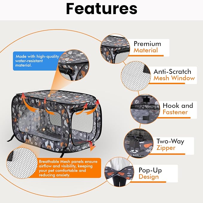Portable Collapsible Pop Up Kennel, 40" L x 27" W x 27" H, Face of Love | Collapsible indoor/outdoor travel cat and dog crate with mesh screen windows pops up and folds flat for easy storage - Image 4