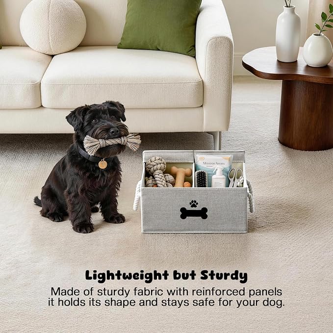 Dog Toy Basket with Double-Open Lid, Divided Dogs Basket for Toys, Collapsible Pet Toy Box, Dog Storage Organizer with 2 Divided Area, Puppy Toys Baskets with Rope Handles, Gray - Image 5