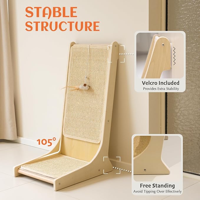 PETKARAY Sisal Cat Scratcher, Upright Cat Scratch Pad Wall Mounted, Vertical Scratching Post Alternative, L Shape Scratching Board 105° - Image 5