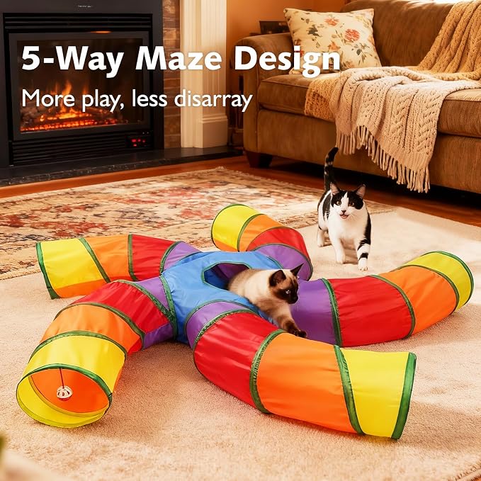 Joytale Cat Tunnel for Multiple Cats, 5-Way Indoor Tube Toy to Chase & Hide | Bell ball & Toy Mouse Included; Peekaboo Hole; Pops Open & Folds Into Zip Bag; Fits Cats to ~12 lb; Kittens & Rabbits Too - Image 2